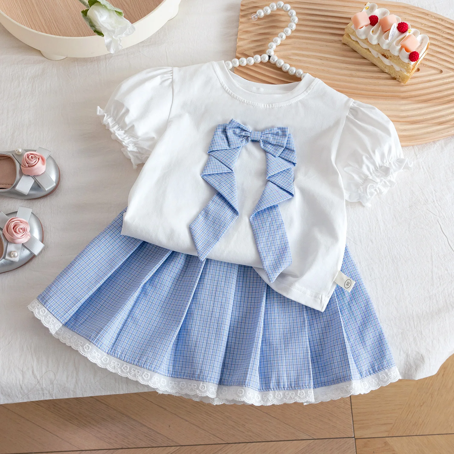 Girls' New Foreign Style Suit Baby 2026 Korean Version T-shirt Skirt Summer Doll Collar Bow Top