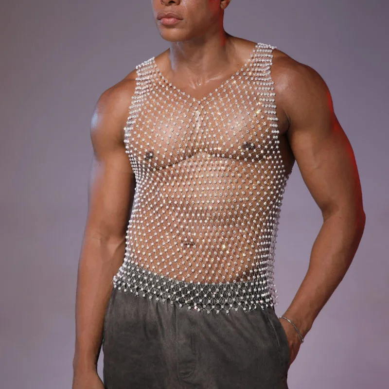 Men Rhinestone Mesh Sheer Vest American Fashion Sexy V-neck Tank Tops Summer Nightclub Performance Male Shiny Sleeveless Tees