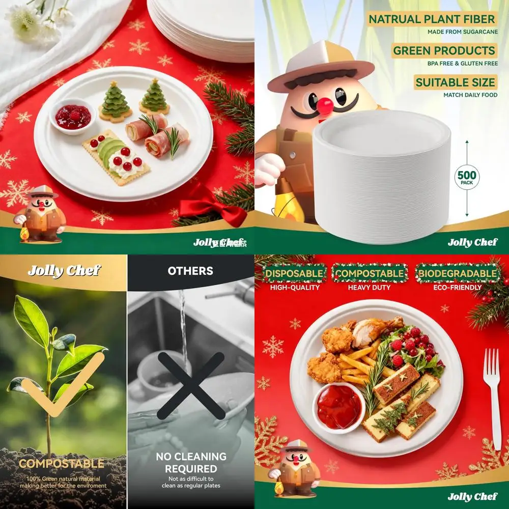 

Eco-Friendly Heavy Duty Compostable Plates - 10 Inch, 500 Pack, Uncoated Paper, Biodegradable for Hot & Cold Food, Suitable for