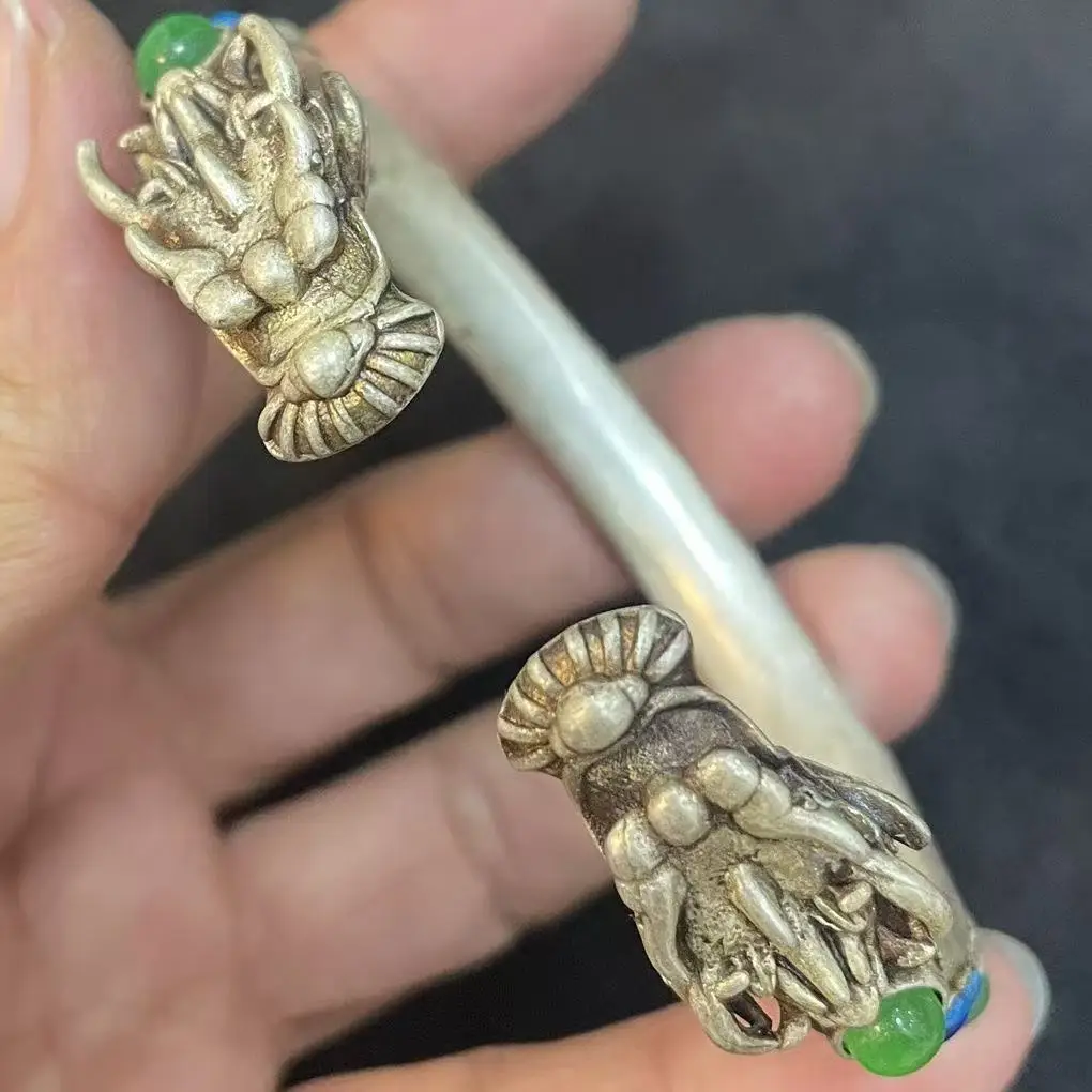 

Nepal Tibet Vintage Silver Bracelet with Gemstone Beads Handmade Jewelry for Men Women