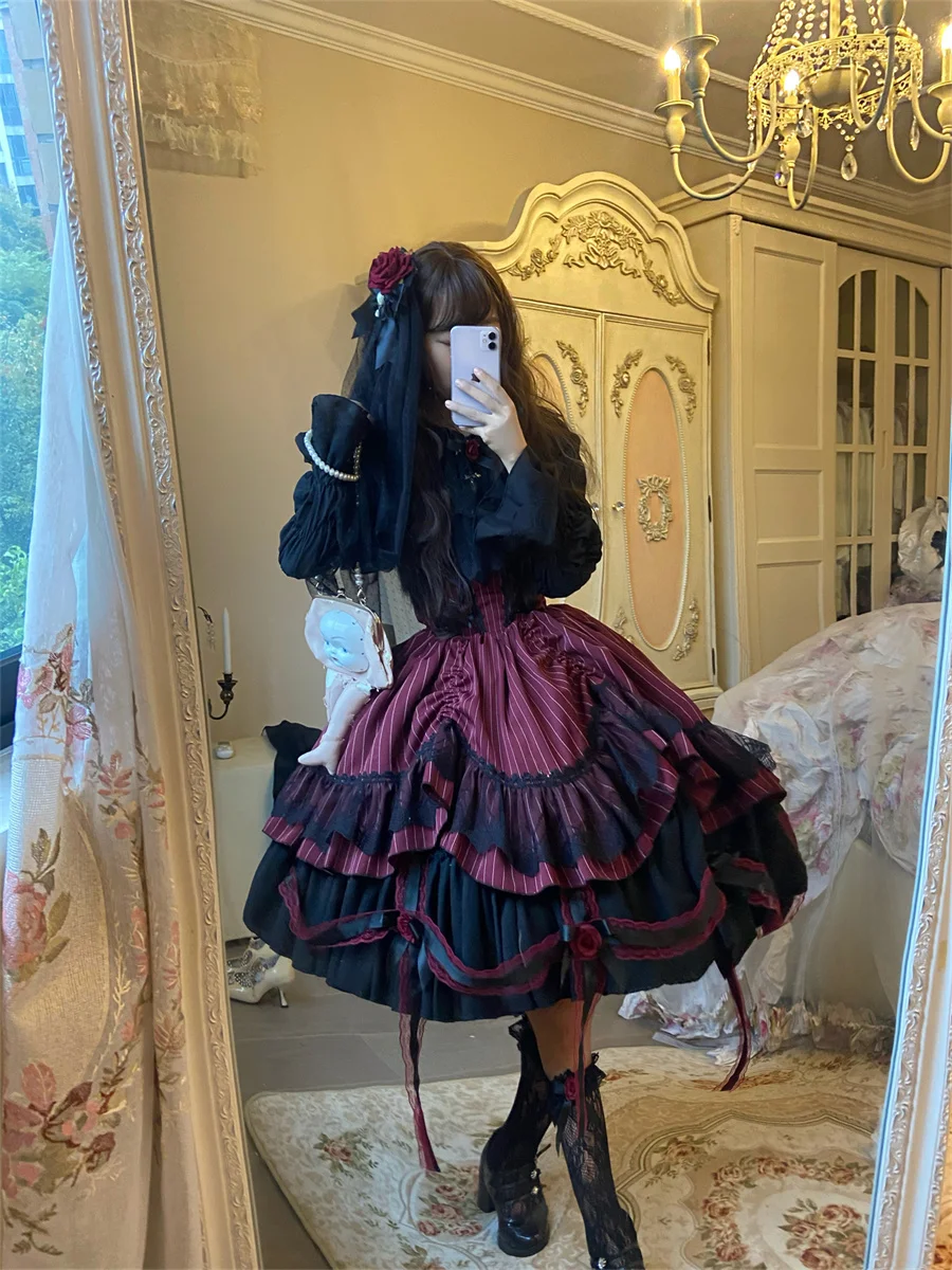 Francese Retro Dark Style Lolita Elegant Girls JSK Cosplay Goth Vampire Witch Halloween Rose Striped Netting Bow abito arruffato