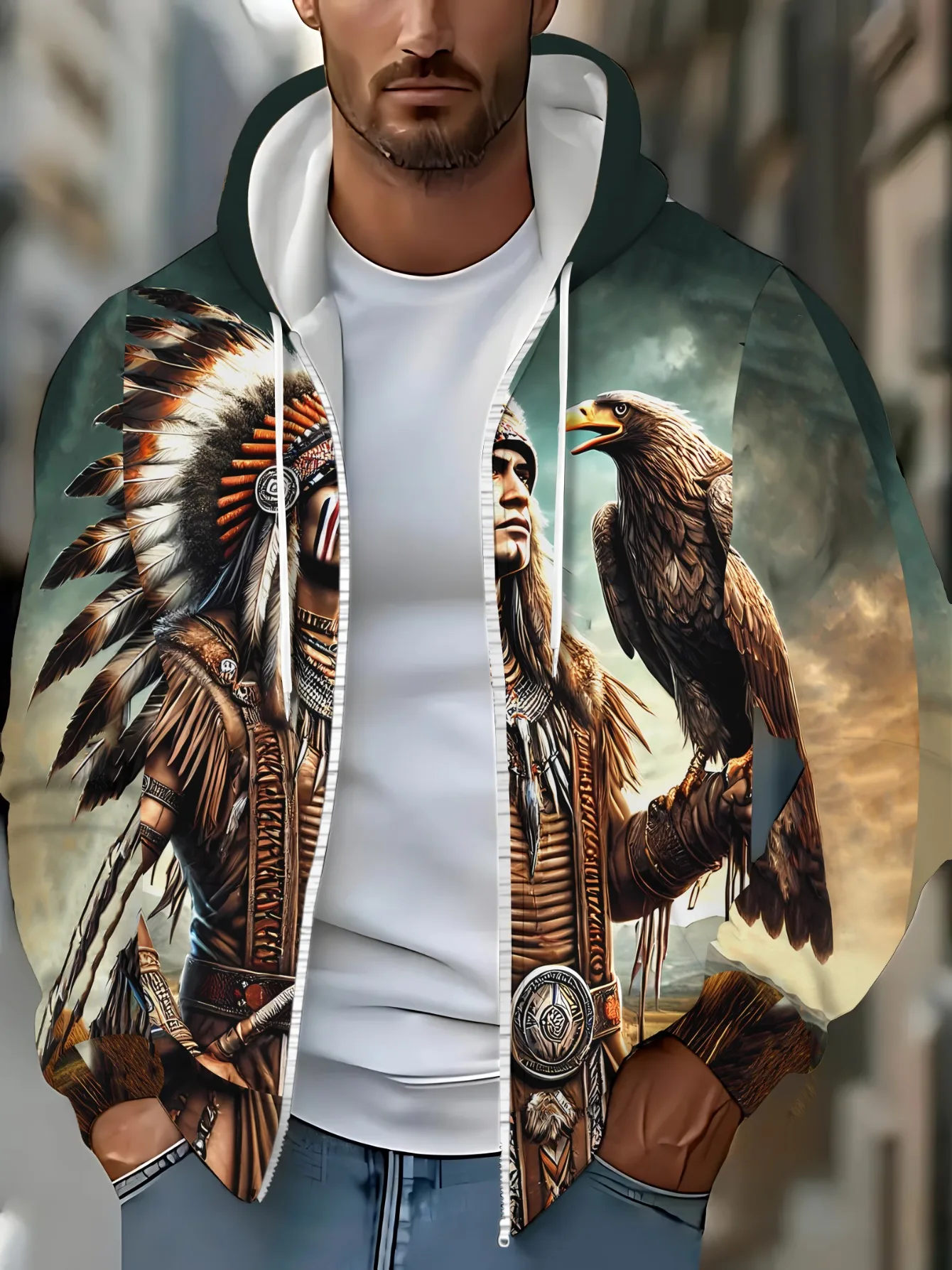 Толстовка на молнии для мужчин. Толстовка с дизайном Native Warrior для одежды в гостиной, Яркий многоцветный принт, Легкий удобный крой,