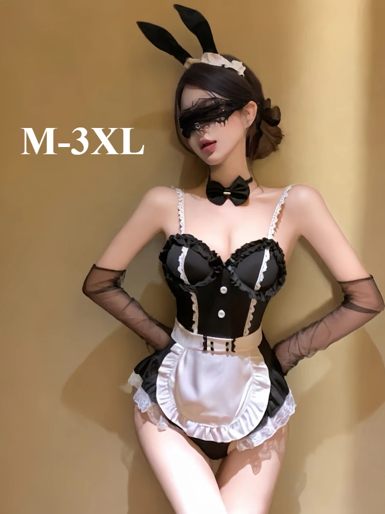 

Large Size Women Sexy Maid Cosplay Lingerie Bunny Girl Uniform Back Hollow Bodysuit French Apron Night Club Stage Performance