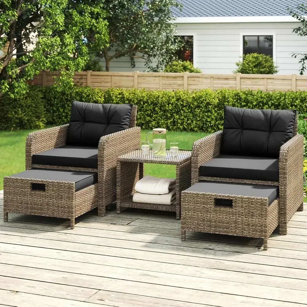 5-Piece Wicker Patio Furniture Set with Rattan Lounge Chairs, Tempered Glass Coffee Table, Ottomans, and Seat Cushions for Outdo