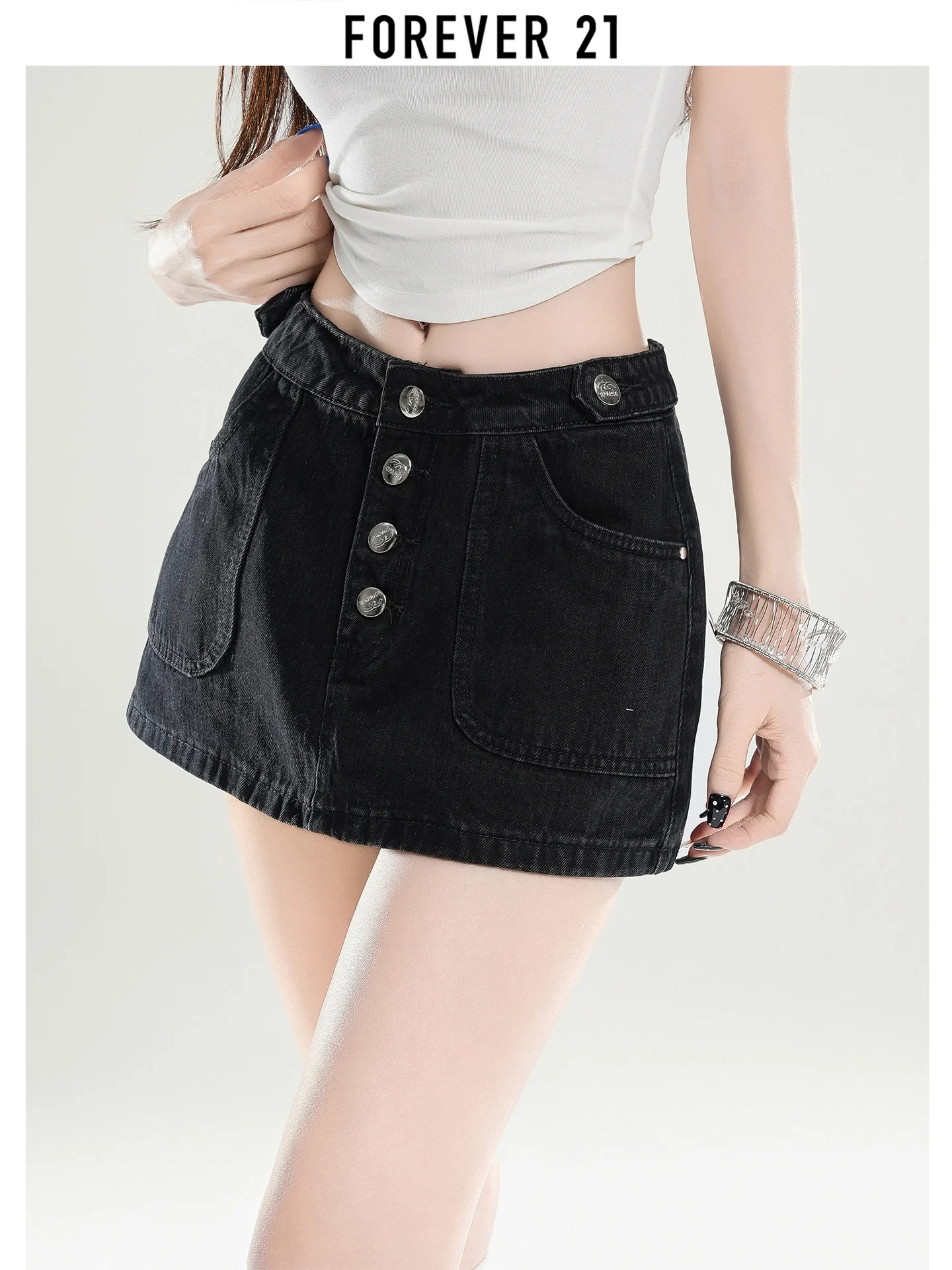 Falda vaquera de cintura alta Forever 21 para mujer, falda de verano adelgazante que evita la exposición, falda de medio cuerpo con detalle de botones y corte en A.