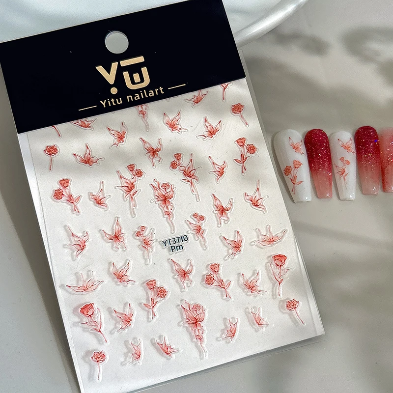 Beautiful Romantic Wine Red Butterfly Rose Nail Stickers Versatile Hollow Thin Tough Back Adhesive Tape Nail Sticker