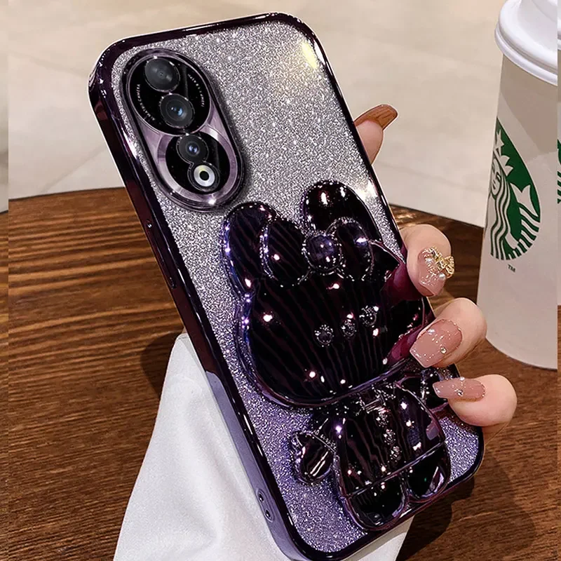 

Luxury bracket Case For Honor 90 Glitter Mirror Rabbit Holder Soft Case for Honor 90 70 50 Magic5 Lite Pro X8 Shockproof Cover