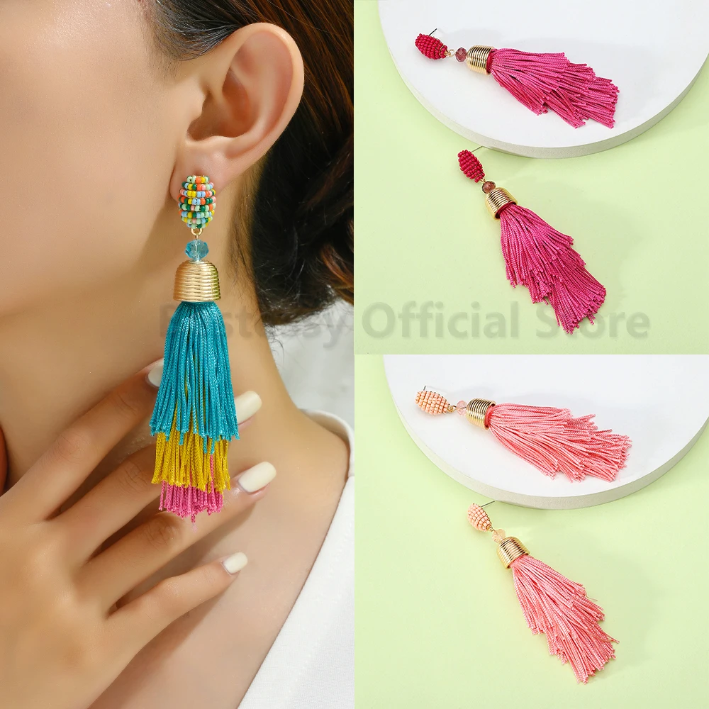 Colorful Beads Decor Long Tassel Drop Earrings For Women Vintage Ethnic Multilayer Handmade Pendant Wedding Luxury Jewelry Gift