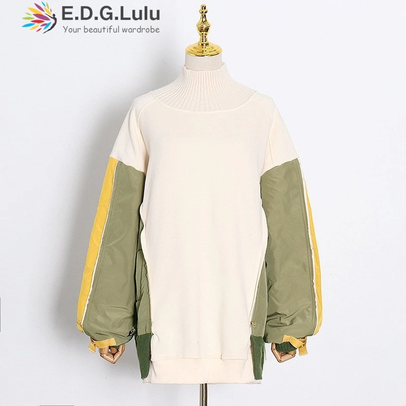 EDGLuLu 2024 Autunno Casual Verde Patchwork Grigio Felpa con cappuccio Moda donna Colletto alla coreana Maniche lunghe Street Pullover femminili 1221