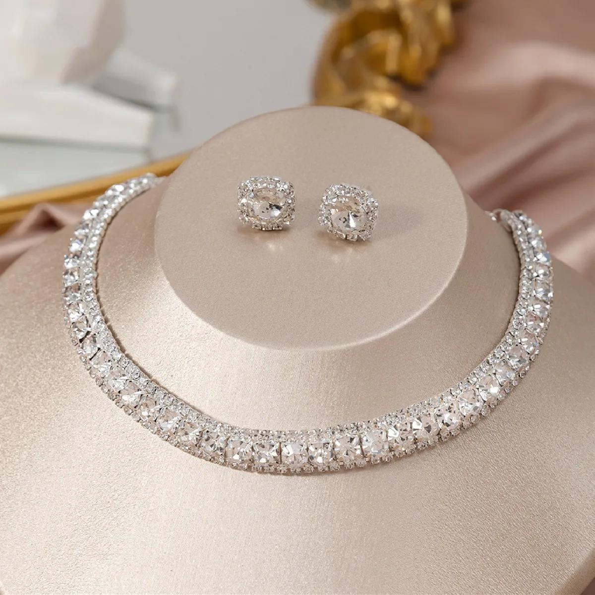 FYUAN Luxury Crystal Necklace Earrings Set Pink ABcolourful Necklace for Women Weddings Party Jewelry Sets Accessories