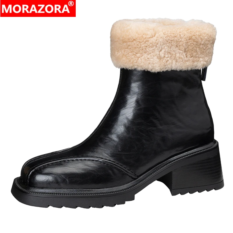 MORAZORA Size 34-41 New Genuine Leather Boots Women Zipper Chunky High Heels Wool Warm Winter Snow Boots Fashion Ankle Boots