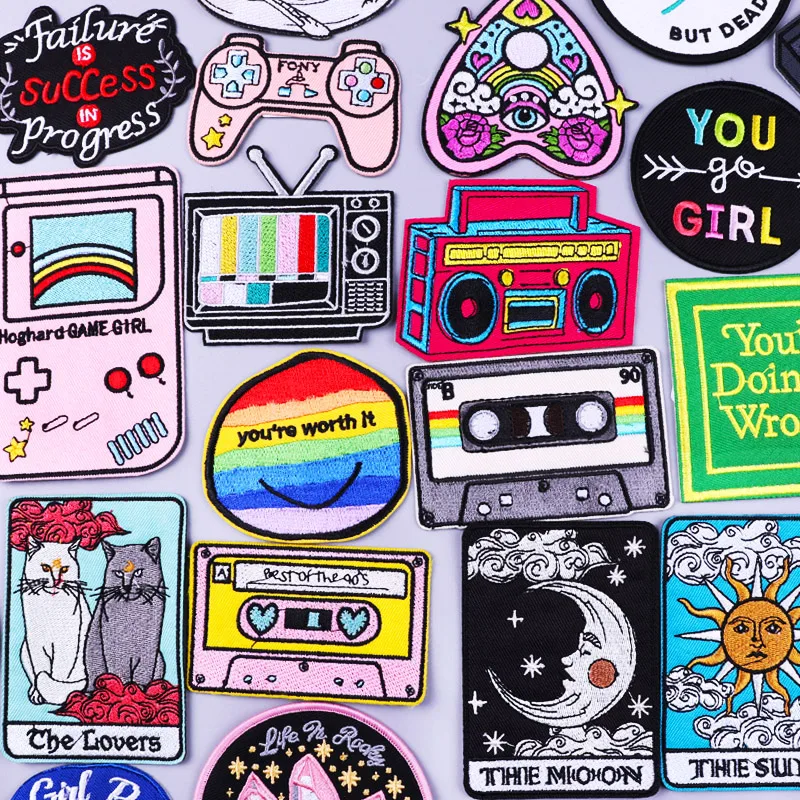 Cartoon Retro TV Radio Game Patch Embroidery Patches Iron on Patch For Clothes DIY Moon Sun Sticker Patch Stripes Letter Badge