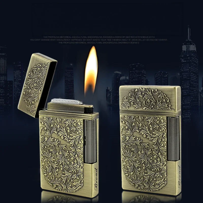BROAD Classic Vintage Ultra-thin Butane Gas Lighter Clear Sound Metal Outdoor Gadget Mens Festival Smoking Gift for Cigarette