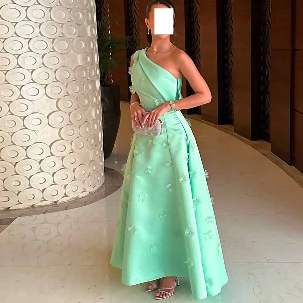 

Dubai Women's Cocktail Party Gowns Satin A-line Birthday Dress Mint One-shoulder Applique Tiered Party Dress Midi 2025