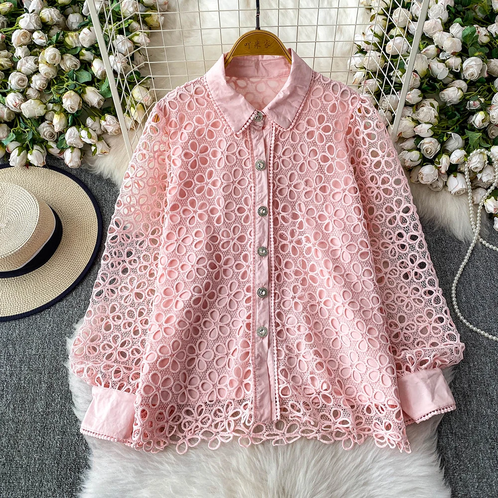 French Style Hollow-out Lace Shirt Women's Lapel Collar Single-breasted Long Sleeve Female Spring Autumn Loose Fit Shirt Tops