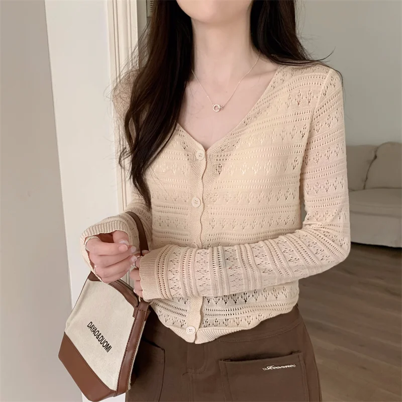 Womens Crochet Top Sheer Open-knit Long Sleeve Button Front Hollow-out Cardigan Spring Summer Casual Outfit