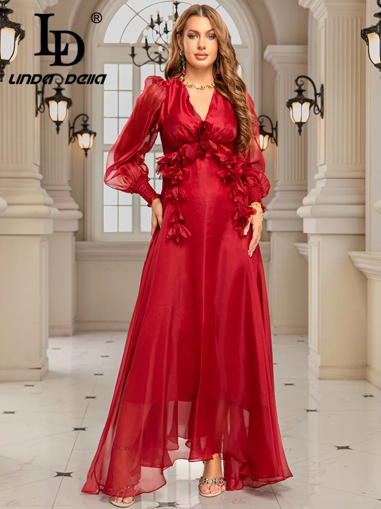 

LD LINDA DELLA French Fashion Women's V-neck Design Three-Dimensional Flower Lantern Sleeves Waist up Swing Gorgeous Dress
