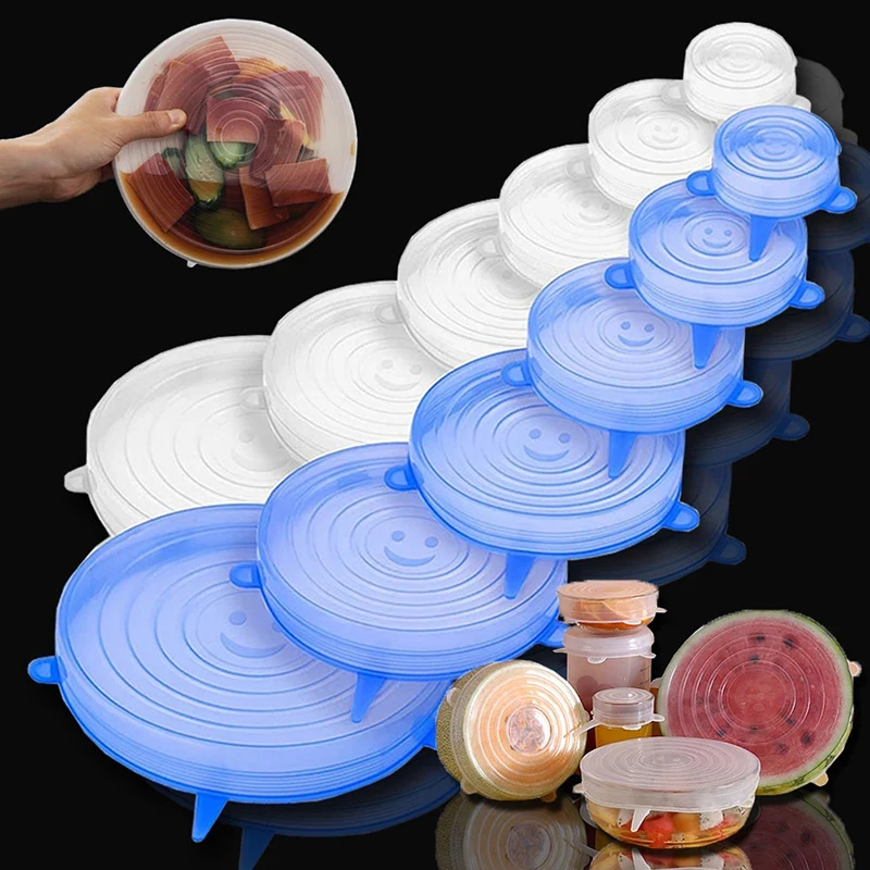 6PCS Adaptable Lid Silicone Cover Food Caps Elastic Lids Fresh Microwave Lids Stretch Silicone Cover For Kitchen Accessories