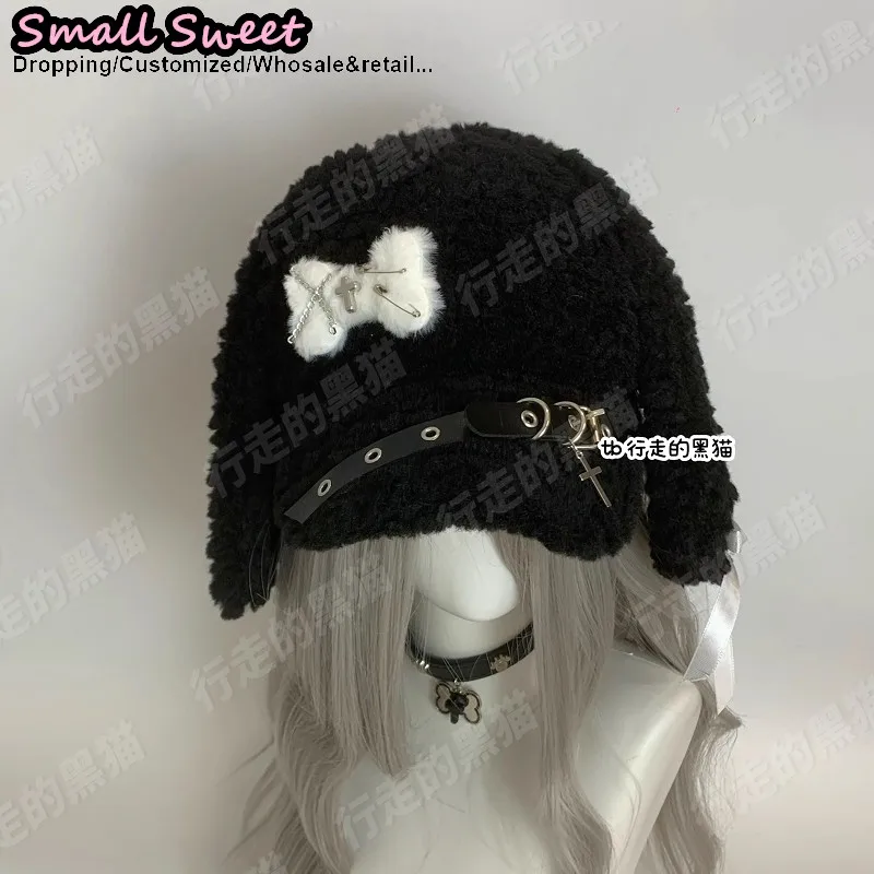 Orecchio di cane Autunno Inverno Gotico Lolita Y2K Beanie Cappello Donna osso Hip-hop croce soffice Carino A Punta Pullover cappello da sole berretto da baseball