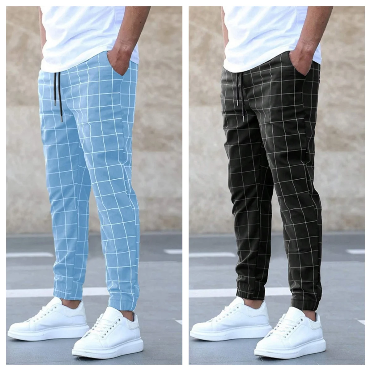 

new Cotton Linen Harem Pants Men Plaid Elastic Waist Streetwear Joggers Autumn Wide-legged Baggy Casual Pants Trousers Mens