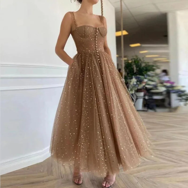 

Shiny Starry Tulle Prom Dresses Spaghetti Straps Tea Length Backless Girl Party Dress Brown Evening Graduation Gown