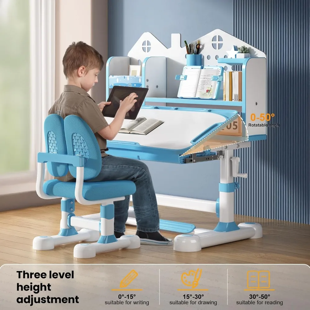 Zestaw biurka i krzesła dla dzieci - regulowane w wysokości ergonomiczne biurko do nauki z łatwą obracaną korbą, 50 °   Półka na biurko z możliwością nachylenia, szuflada do przechowywania