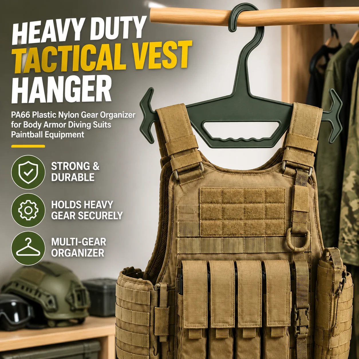 Heavy Equipment Armor - ที่แขวนเสื้อเกราะยุทธวิธีสำหรับงานหนัก ทำจากพลาสติก PA66 และไนลอน ใช้จัดเก็บอุปกรณ์ต่างๆ เช่น