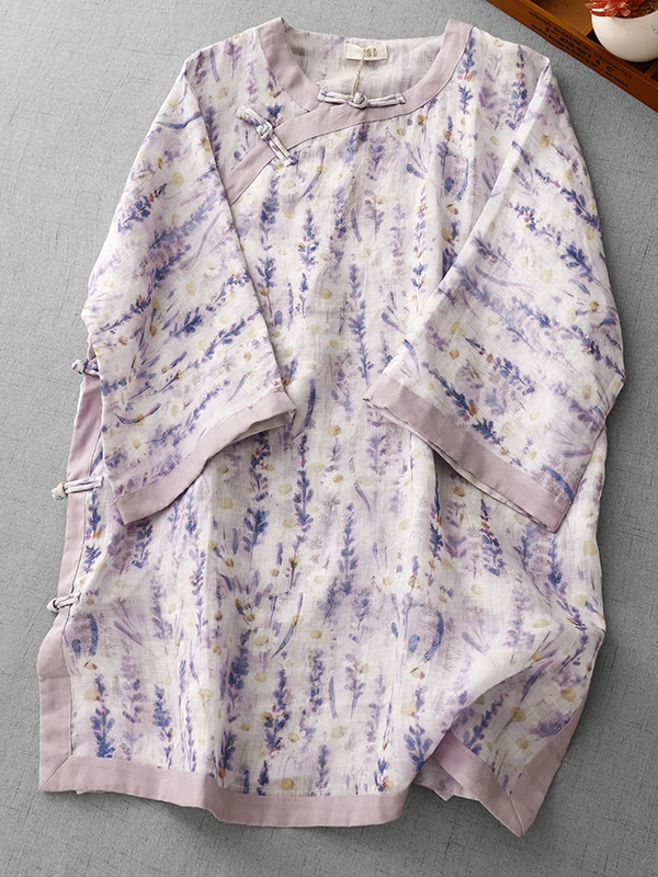 Artistique Lav imprimé coton lin Midi Dr grande taille femmes t-shirt quart Sve bouton Plaet col montant Dr