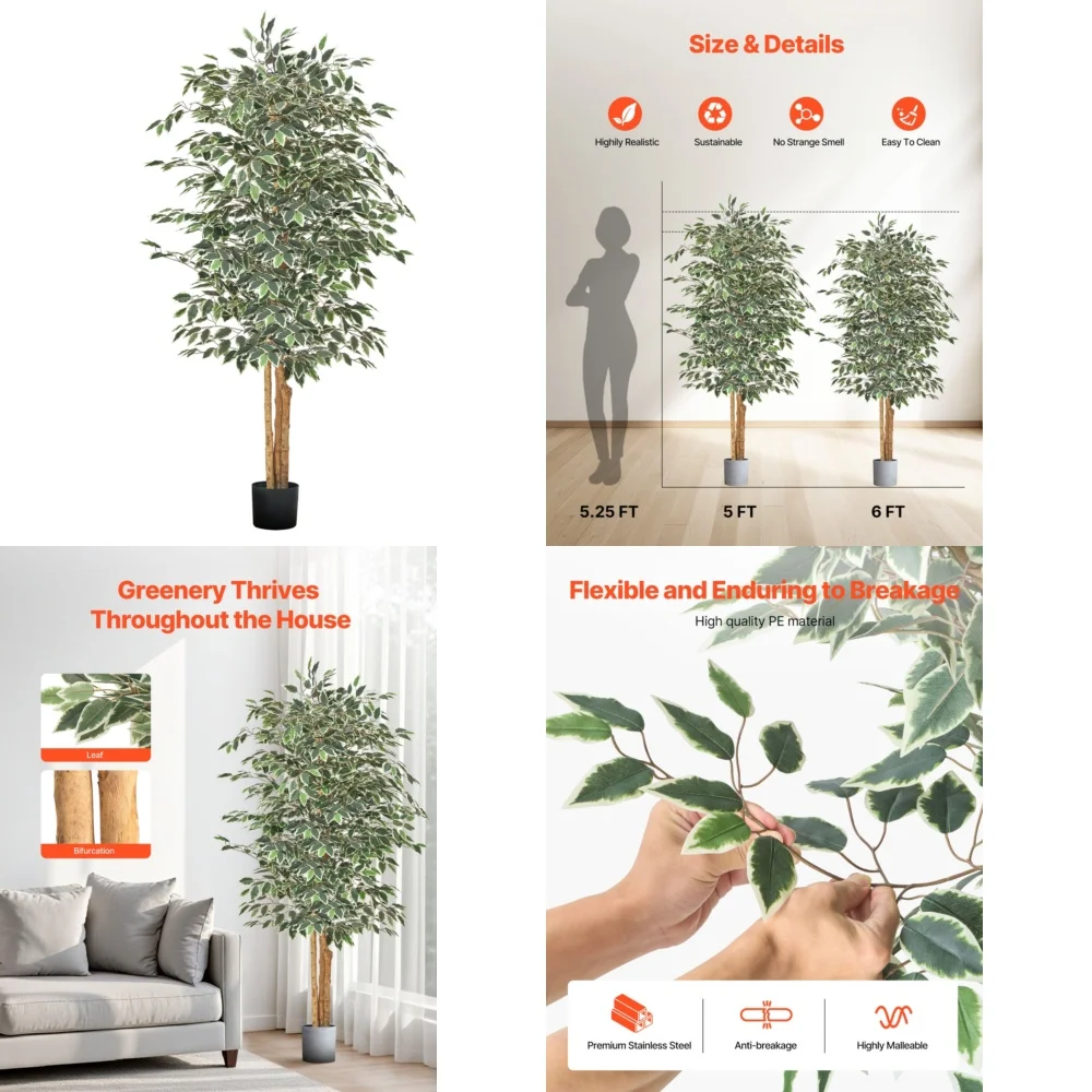 

6FT Artificial Ficus Tree Tall Faux Plant with Black Pot for Indoor Home Decor Greenery Realistic Fake Plants for Living Room