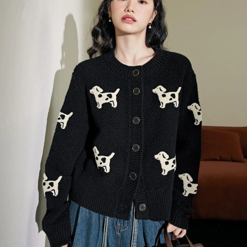 Black Knitted Cardigan Women Sing-Breasted Puppy O-Neck Loose Casual Sweater Fashion Lazy High Street Harajuku Y2K Tops