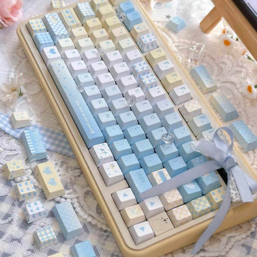 Milky Yellow Blue Gradient Keycap Cherry Profile PBT Sublimation Small Fresh Keycaps Seven-Point Blue Theme Keyboard Key Caps