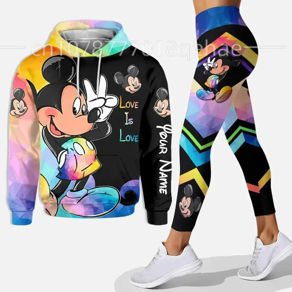 Disney-Conjunto de sudadera con capucha y Leggings de Mickey y Minnie para mujer, pantalones de Yoga de Minnie, pantalones de chándal, traje deportivo de moda