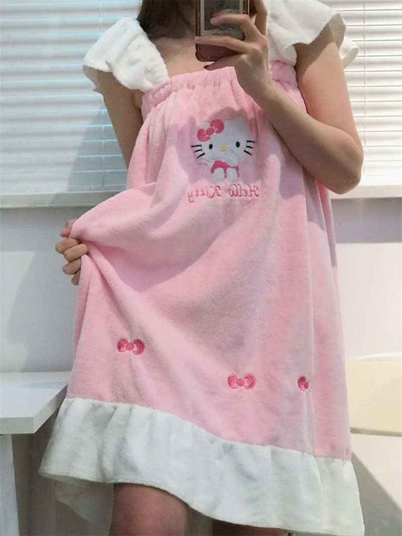 Hello Kitty kawaii cute Sanrio anime cartoon sling bath towel for women thickened coral velvet absorbent bath robe for home use