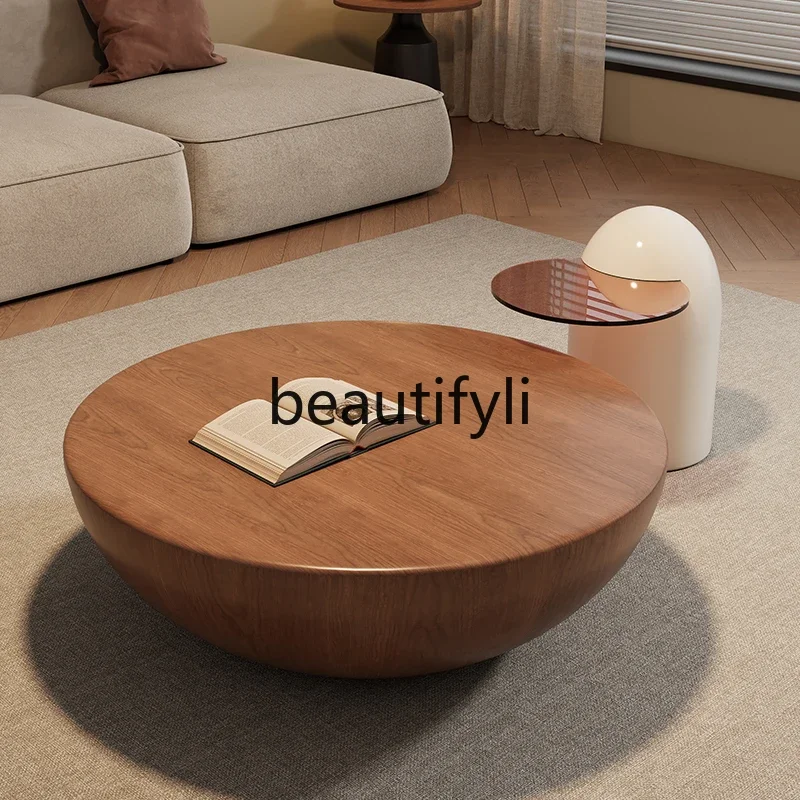 X Minimalist Round Coffee Table for Living Room, High-End Feel, Small Apartment Size, Walnut Wood