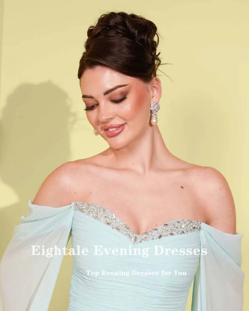 

Eightale Arabic Evening Dress Sweetheart Beaded Pleats Customized Cap Sleeves Chiffon Mermaid Prom Wedding Party Gown