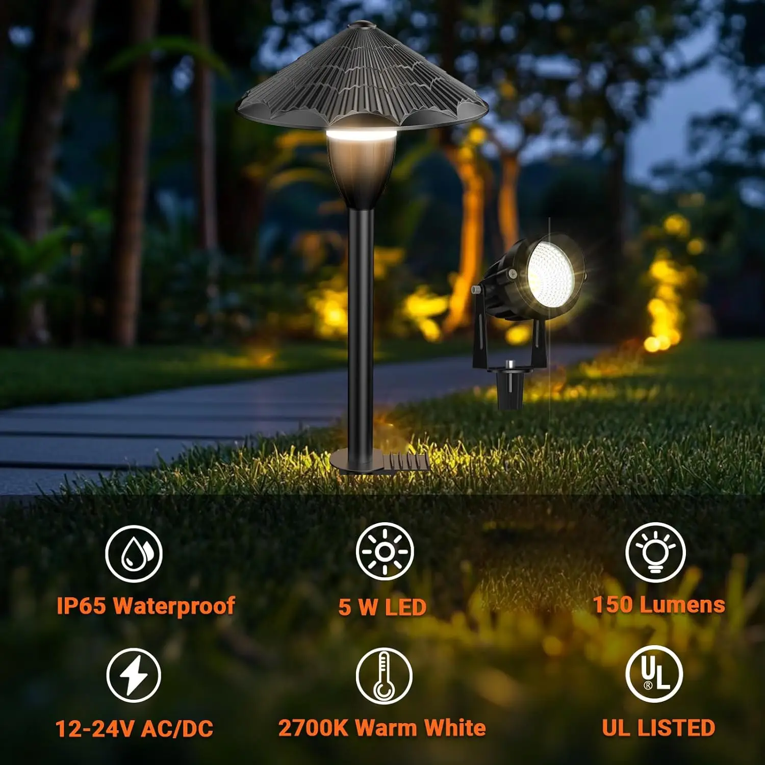 Lighting Kit,LED Low Voltage Pathway Lights,AC/DC 12-24V UL Listed Cord Waterproof,Outdoor Wired Landscape Light Sets,Outdoor Pa