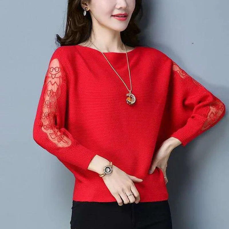 Spring Autumn Slash Neck Knitting Lace Patchwork Pullovers Long Sleeve Solid Loose Hollow Sweaters Elegant Fashion Women Clothes