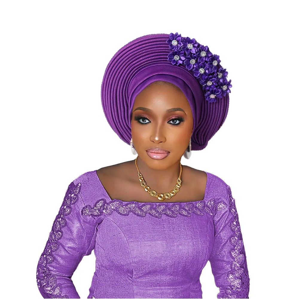 Envoltura para la cabeza africana para mujer, turbante, lazos para la cabeza nigerianos con flores, envolturas para la cabeza de Gele automáticas ya hechas para fiesta de boda