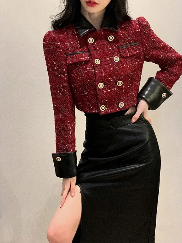 Autumn Christams Two Piece Set Women Short Coat+Split Leather Skirt Suit Female Korean Style Elegant Vintage Midi Skirt Set 2022