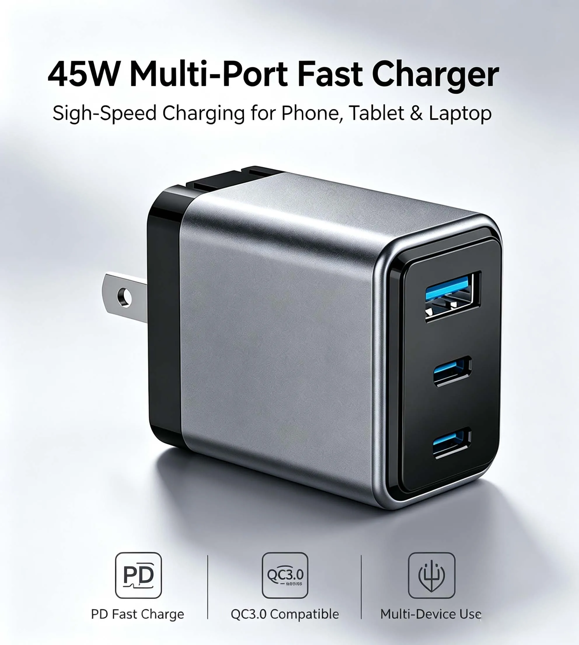 45W 3 Port PD Fast Charger 2C1A USB C Wall Charger QC3.0 Power Adapter EU US UK Plug Travel Charger For iPhone Samsung Tablet