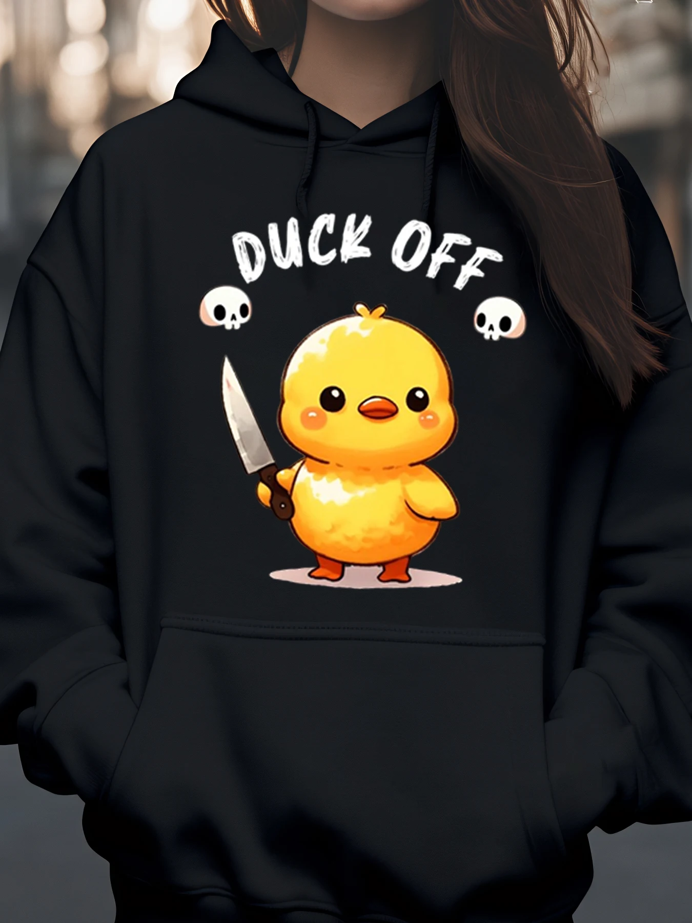 Duck Off Cartoon Duck مع هوديي مطبوع عليه سكاكين، ملابس كاجوال للهالوين للنساء والرجال