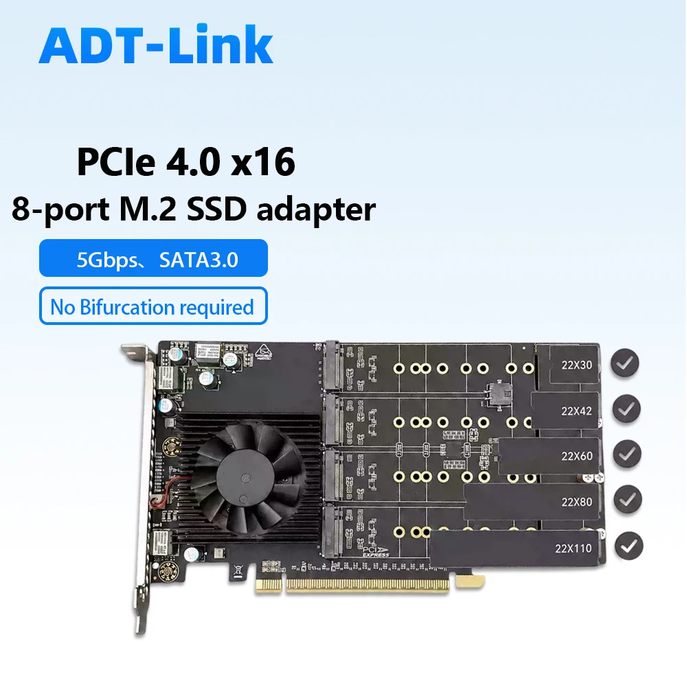 8Port M.2 NVMe PCIe 4.0 X16 Expansion Card PM40052  No Motherboard Bifurcation Required Support 223022110 M.2 MKey SSD