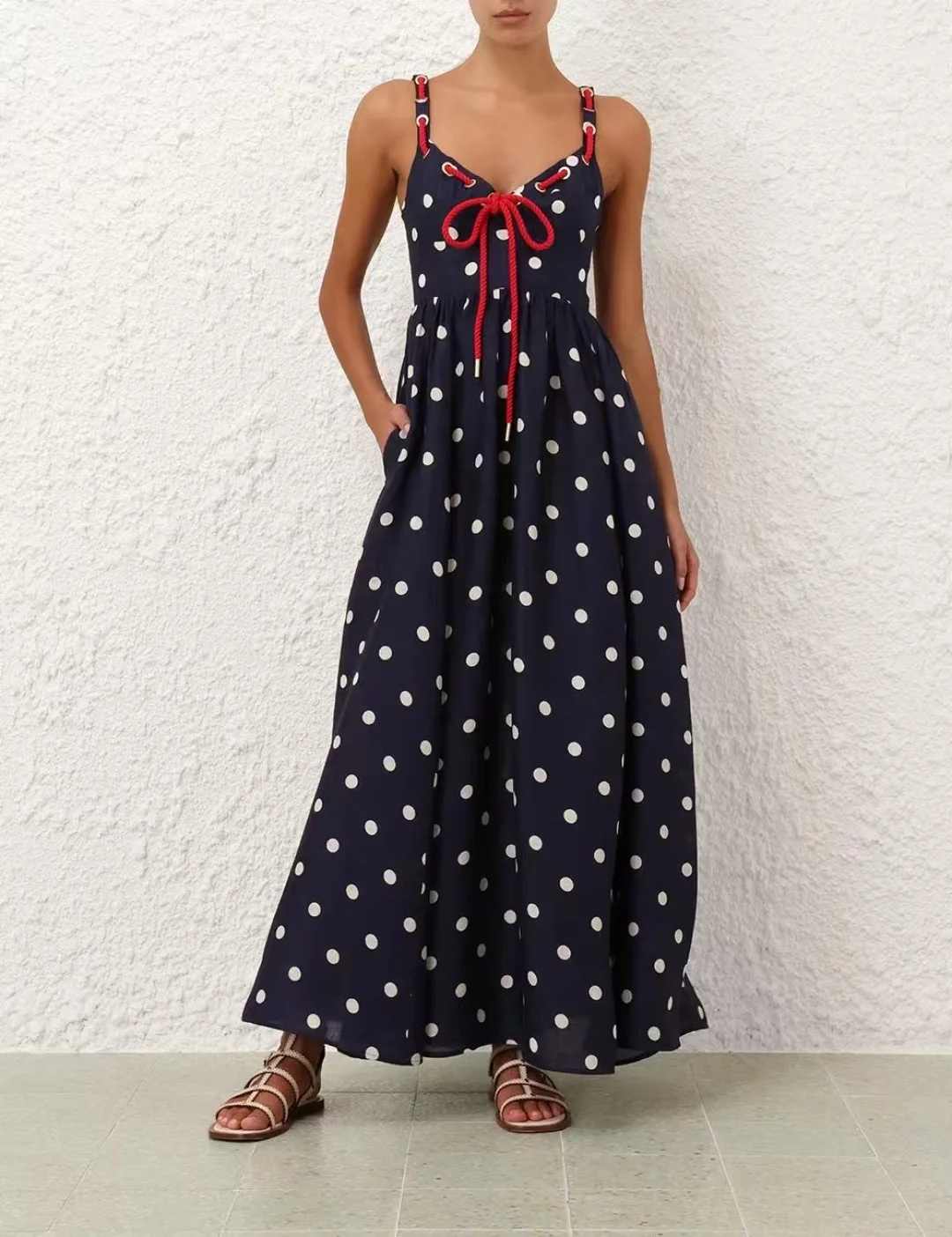 

Pure Linen 2025 New High Quality Classic Dot Print Strapless Women Mini Dress