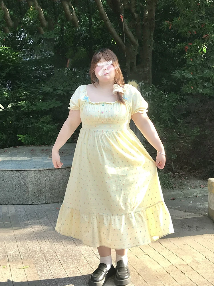 

Платье больших размеров с цветочным принтом и квадратным вырезом, с эффектом утяжки талии, милая юбка-принцесса в горошек, повседневный стиль, с завышенной талией, пышная юбка-баллон