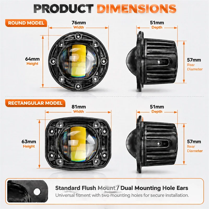 3 Inch 8D LED Lens Driving Work Light 30W Dual Color Flush Mount Fog Lamp Square Round For Off Road 4x4 Truck SUV ATV Motorcycle