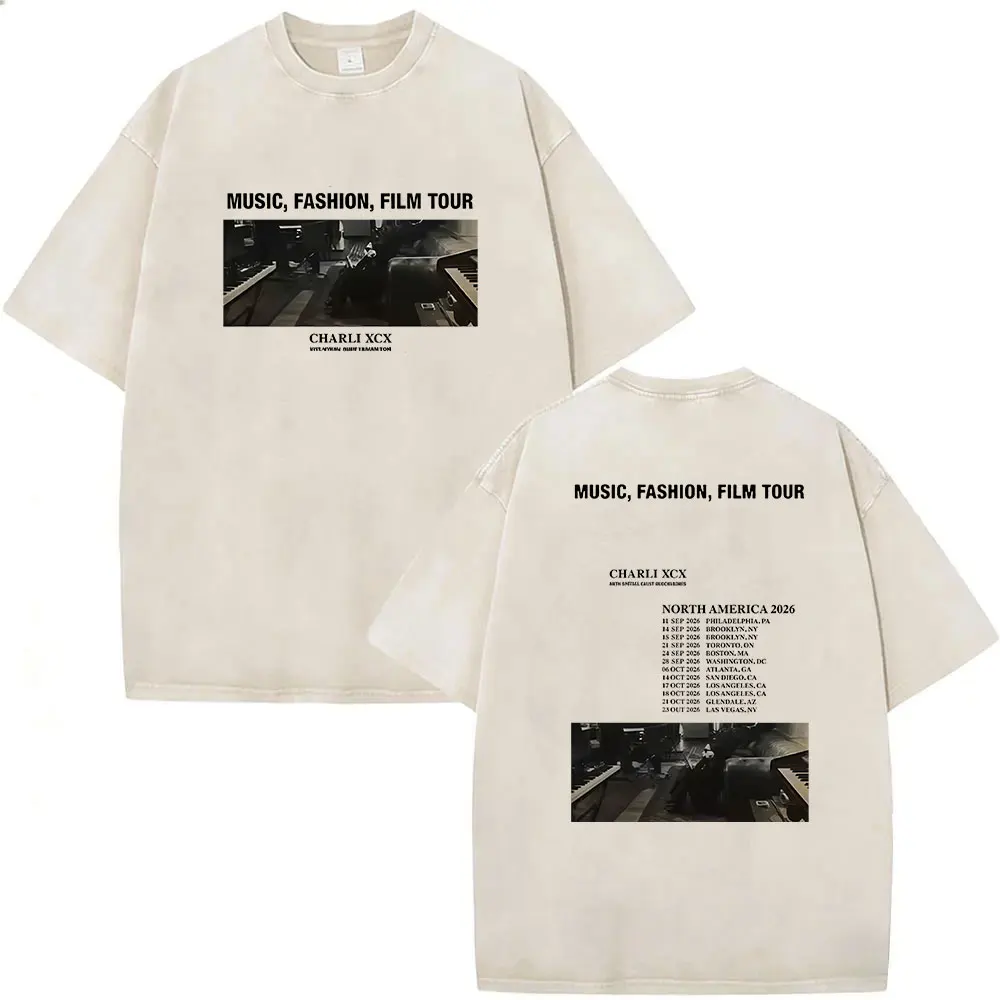Charli XCX Music Fashion Film Tour 2026 Vintage Washed T Shirts Men Women Aesthetic Clothing Loose Hip Hop Short Sleeve T-shirt