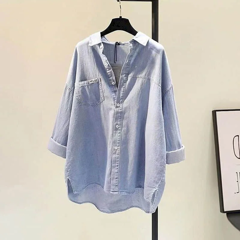 Camisas de estilo coreano para mujer, blusa de mezclilla de gran tamaño con cuello tipo Polo, manga larga, color azul liso, informal, holgada, con botonadura única