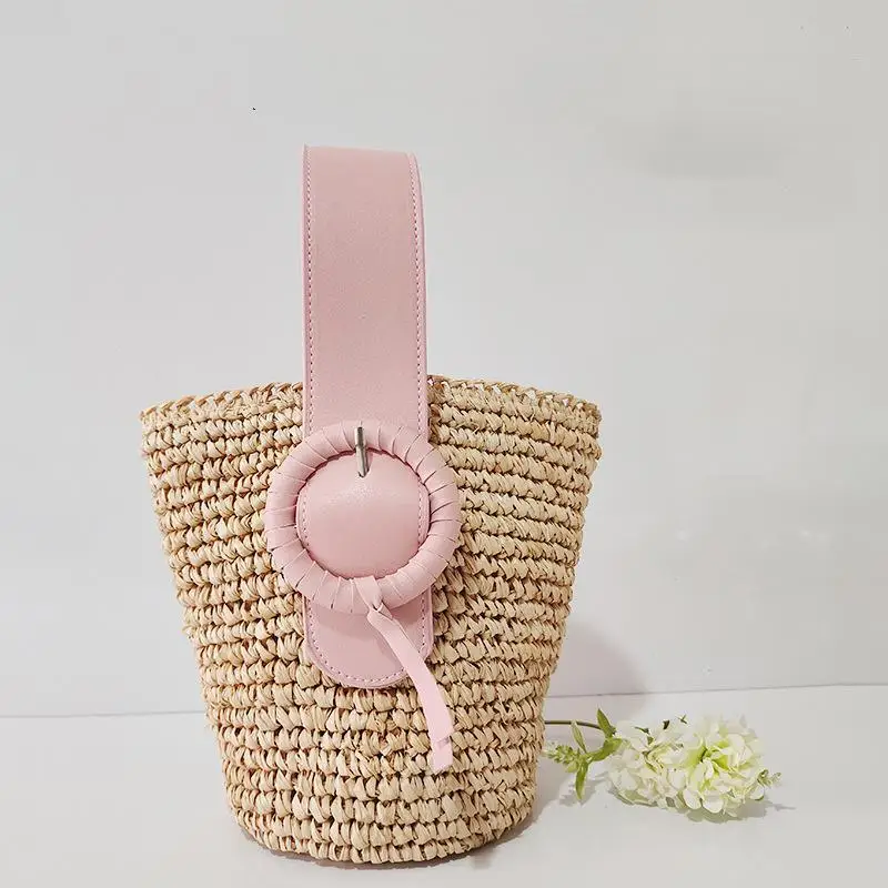 Ladies Knitting Straw Top Handle Bags Casual Women's Handbags Summer Handmade Woven Bucket Beach Bags for Travel Seaside