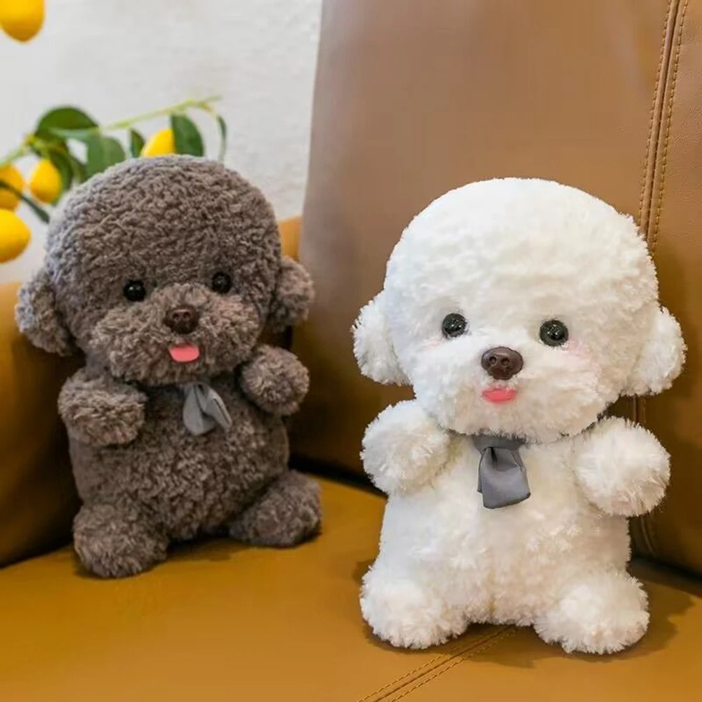 Brinquedo de pelúcia Urso Bichon Branco Artificial, Cachecol Cinzento Sentado e em Pé, Kawaii Teddy Dog, Animal Doll Festival Presentes, 25cm