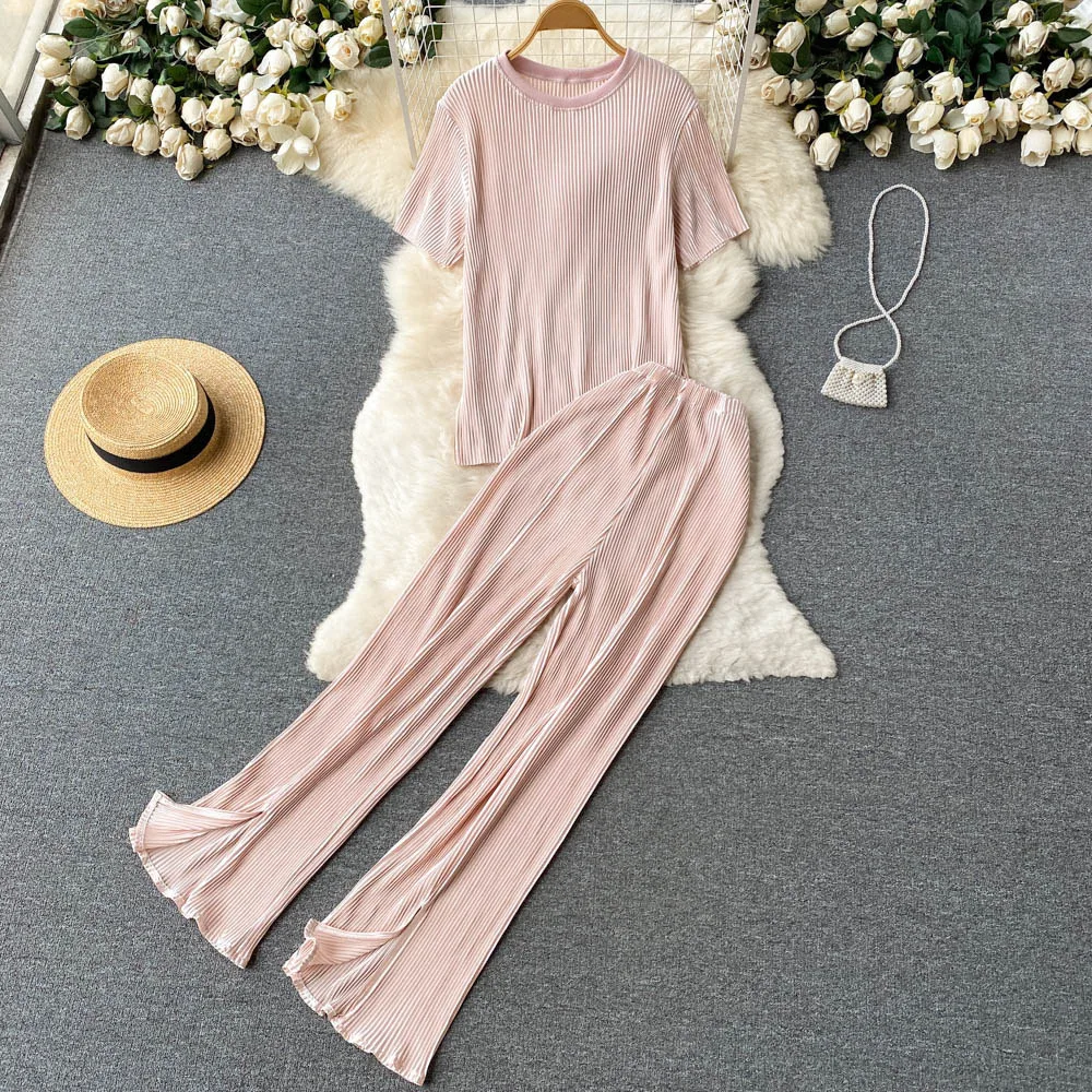 Pleated Women Pajama Set Summer Short Sleeve Pyjamas Solid Ladies Sleepwear 2PCS With Pant Split Elastic Pijama Suit For Female